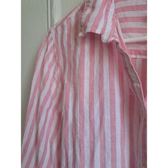 J Crew Womens LARGE TALL FIT 100% Linen Shirt Pink White Stripe Button LAGENLOOK - Picture 3 of 10